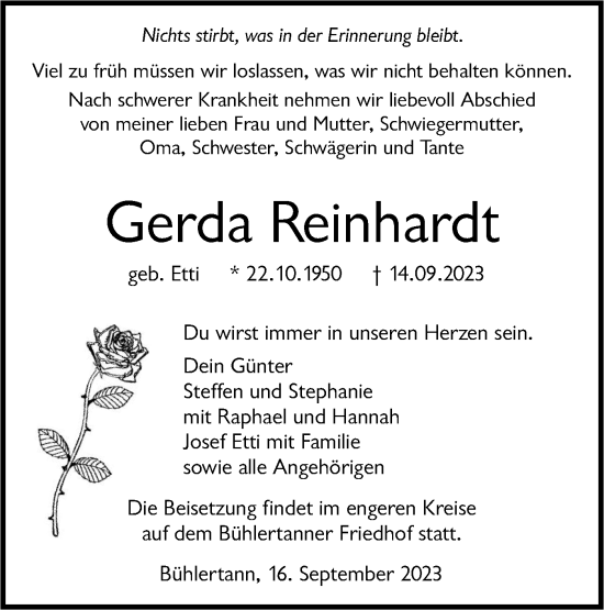 Traueranzeige von Gerda Reinhardt von Haller Tagblatt