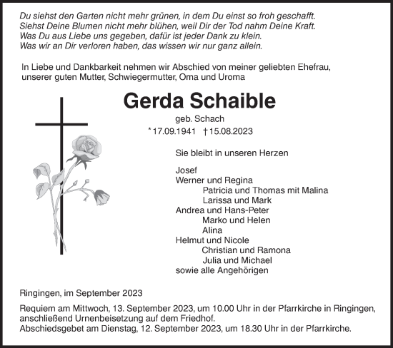 Traueranzeige von Gerda Schaible von SÜDWEST PRESSE Ausgabe Ulm/Neu-Ulm