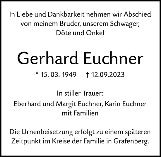 Traueranzeige von Gerhard Euchner von SÜDWEST PRESSE/SÜDWEST PRESSE