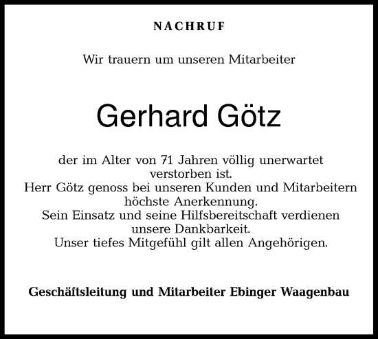 Traueranzeige von Gerhard Götz von Rundschau Gaildorf