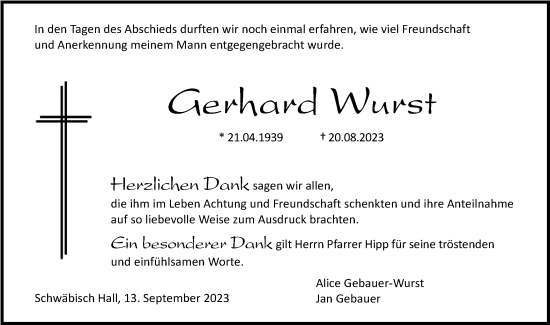 Traueranzeige von Gerhard Wurst von Haller Tagblatt