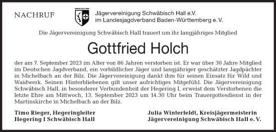 Traueranzeige von Gottfried Holch von Haller Tagblatt