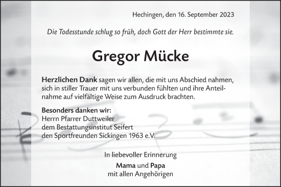 Traueranzeige von Gregor Mücke von Hohenzollerische Zeitung