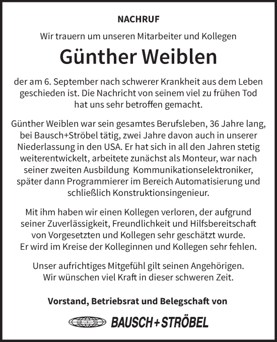 Traueranzeige von Günther Weiblen von Haller Tagblatt