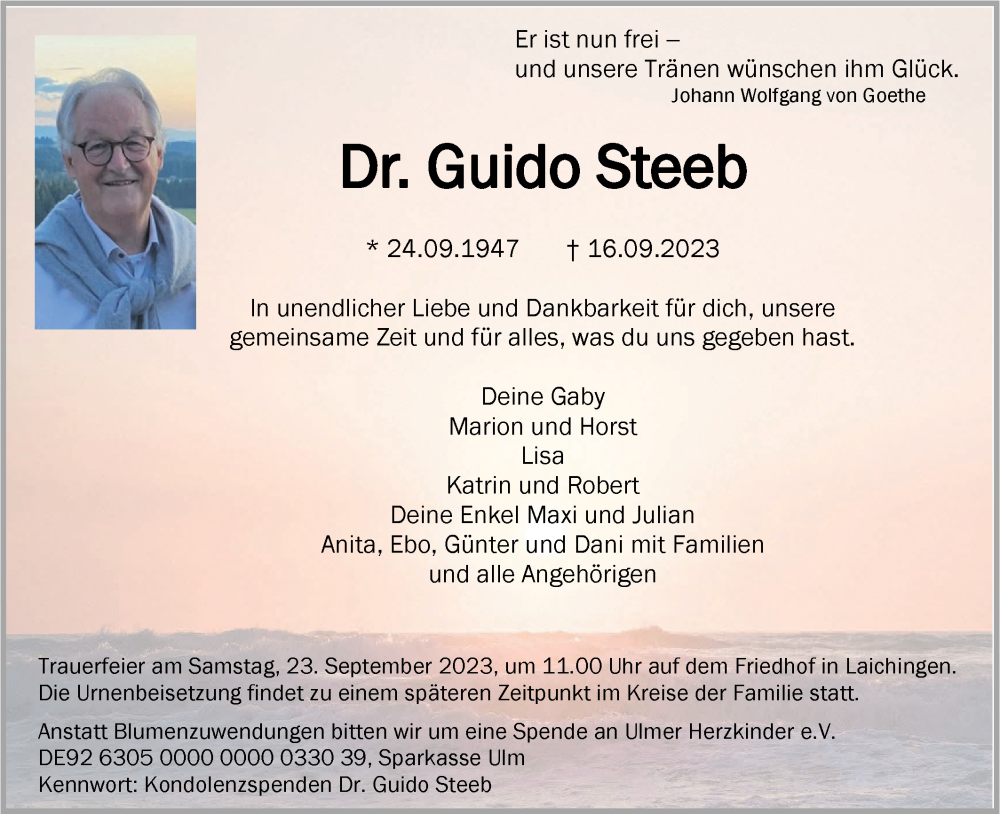  Traueranzeige für Guido Steeb vom 20.09.2023 aus SÜDWEST PRESSE Ausgabe Ulm/Neu-Ulm