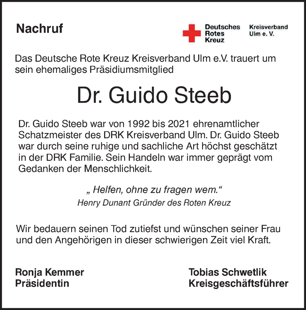  Traueranzeige für Guido Steeb vom 20.09.2023 aus SÜDWEST PRESSE Ausgabe Ulm/Neu-Ulm