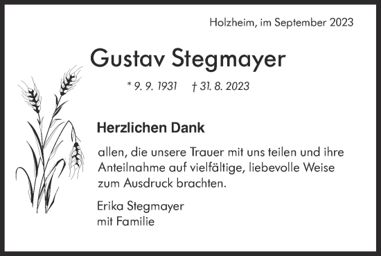 Traueranzeige von Gustav Stegmayer von NWZ Neue Württembergische Zeitung