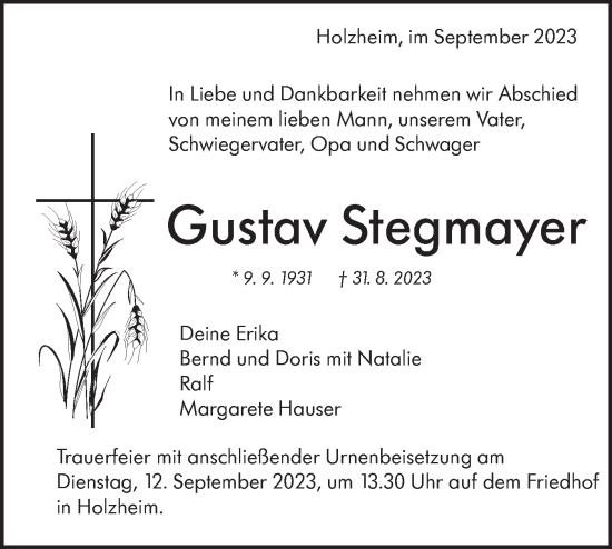 Traueranzeige von Gustav Stegmayer von NWZ Neue Württembergische Zeitung