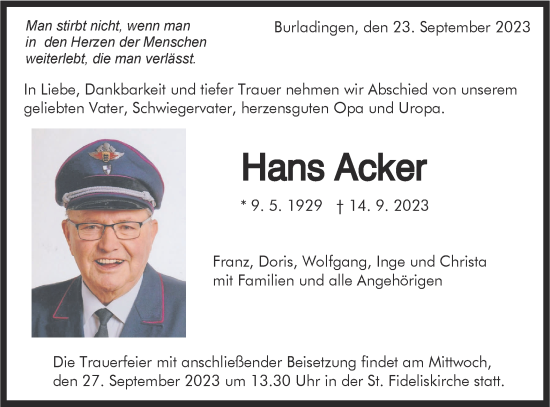 Traueranzeige von Hans Acker von Hohenzollerische Zeitung