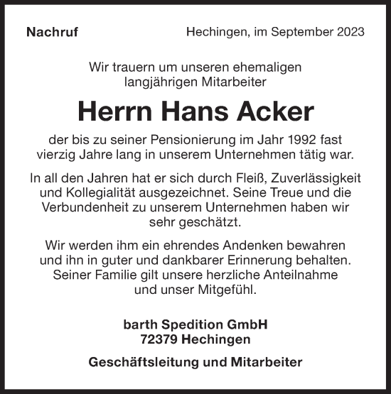 Traueranzeige von Hans Acker von Hohenzollerische Zeitung