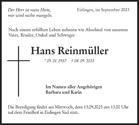 Traueranzeige von Hans Reinmüller von NWZ Neue Württembergische Zeitung