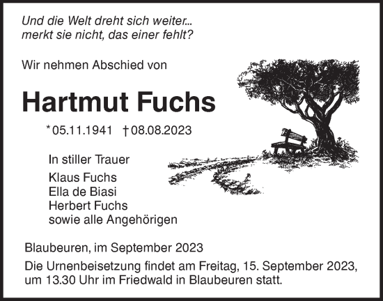 Traueranzeige von Hartmut Fuchs von SÜDWEST PRESSE Ausgabe Ulm/Neu-Ulm