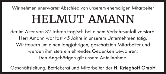 Traueranzeige von Helmut Amann von SÜDWEST PRESSE Ausgabe Ulm/Neu-Ulm