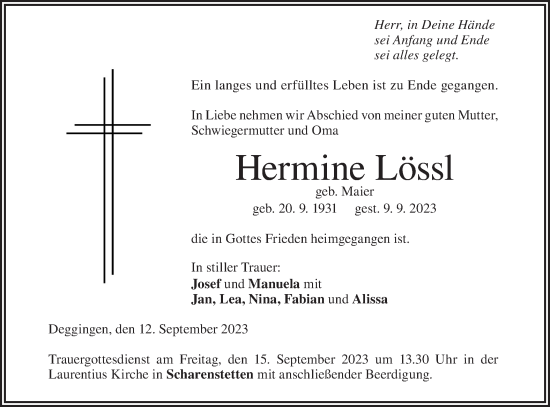 Traueranzeige von Hermine Lössl von Geislinger Zeitung