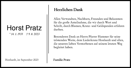 Traueranzeige von Horst Pratz von Hohenloher Tagblatt