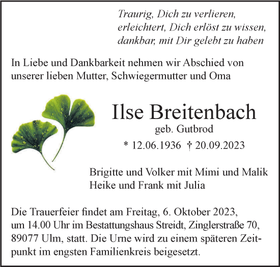 Traueranzeige von Ilse Breitenbach von SÜDWEST PRESSE Ausgabe Ulm/Neu-Ulm