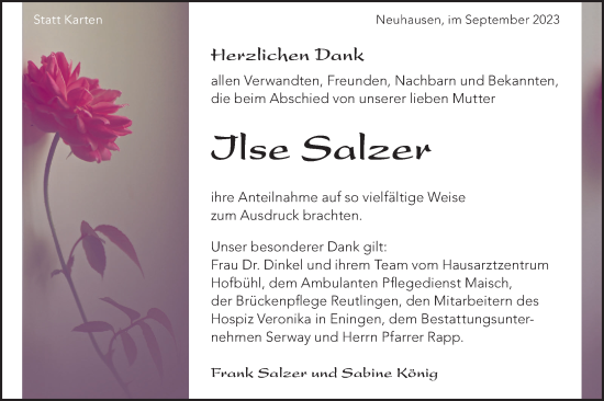 Traueranzeige von Ilse Salzer von SÜDWEST PRESSE/SÜDWEST PRESSE