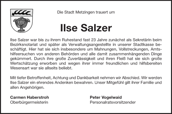 Traueranzeige von Ilse Salzer von SÜDWEST PRESSE/SÜDWEST PRESSE