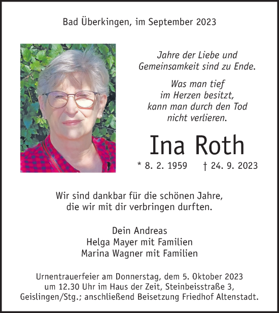 Traueranzeige von Ina Roth von Geislinger Zeitung