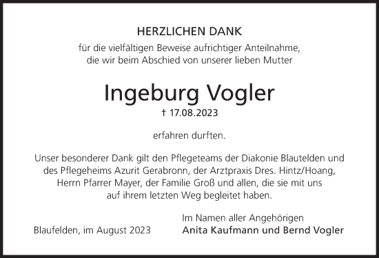 Traueranzeige von Ingeburg Vogler von Hohenloher Tagblatt