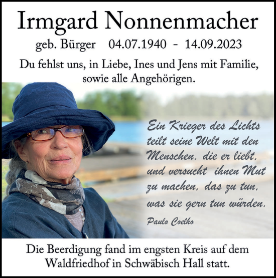 Traueranzeige von Irmgard Nonnenmacher von Haller Tagblatt