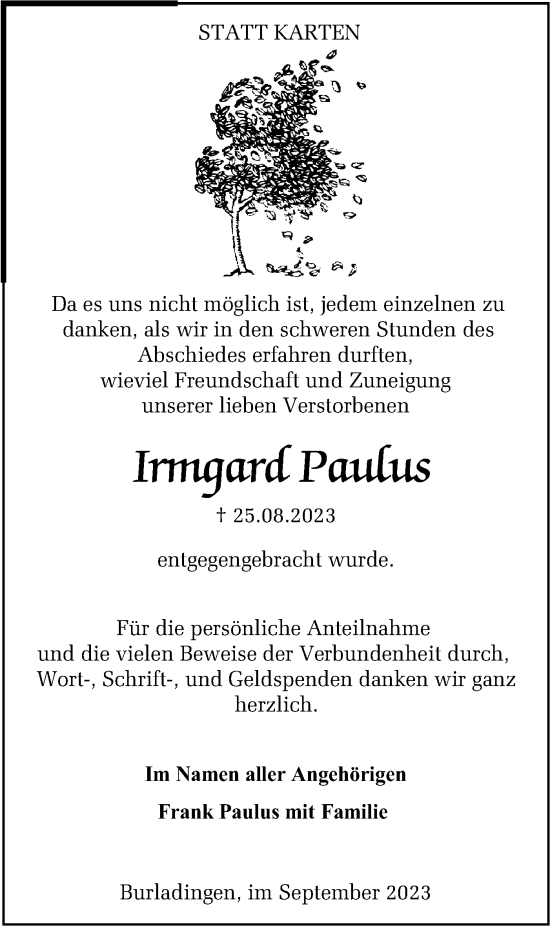 Traueranzeige von Irmgard Paulus von Hohenzollerische Zeitung