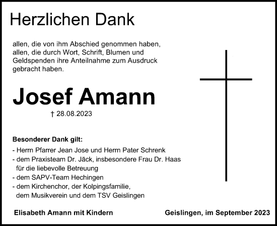 Traueranzeige von Josef Amann von Hohenzollerische Zeitung