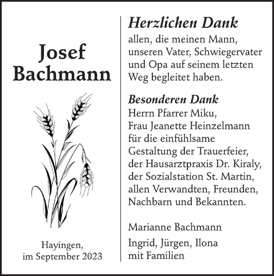 Traueranzeige von Josef Bachmann von Alb-Bote/Metzinger-Uracher Volksblatt