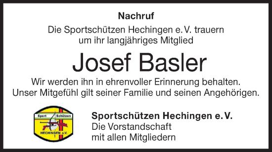 Traueranzeige von Josef Basler von Hohenzollerische Zeitung