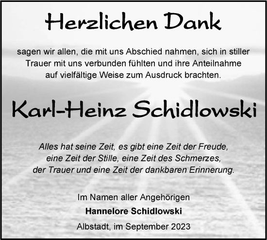 Traueranzeige von Karl-Heinz Schidlowski von Hohenzollerische Zeitung