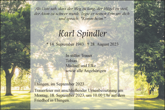 Traueranzeige von Karl Spindler von Ehinger Tagblatt