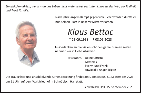 Traueranzeige von Klaus Bettac von Haller Tagblatt