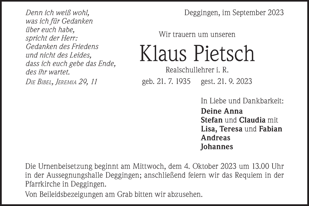  Traueranzeige für Klaus Pietsch vom 28.09.2023 aus Geislinger Zeitung