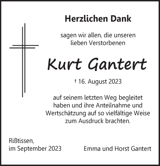 Traueranzeige von Kurt Gantert von Ehinger Tagblatt