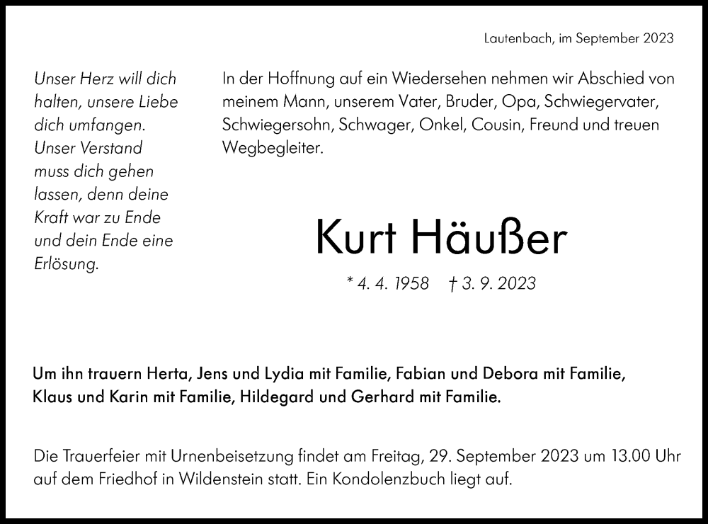  Traueranzeige für Kurt Häußer vom 26.09.2023 aus Hohenloher Tagblatt