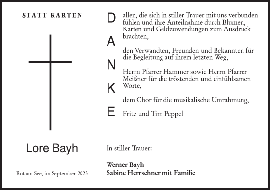 Traueranzeige von Lore Bayh von Hohenloher Tagblatt