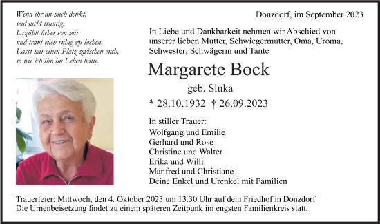 Traueranzeige von Margarete Bock von NWZ Neue Württembergische Zeitung