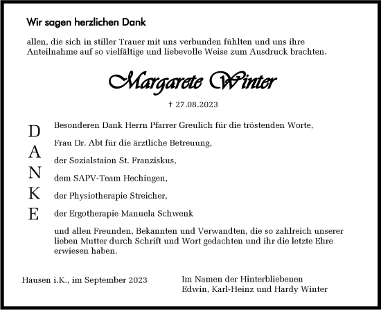 Traueranzeige von Margarete Winter von Hohenzollerische Zeitung