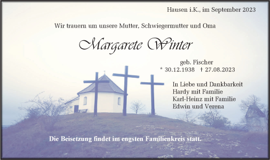 Traueranzeige von Margarete Winter von Hohenzollerische Zeitung