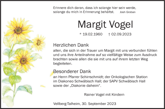 Traueranzeige von Margit Vogel von Haller Tagblatt