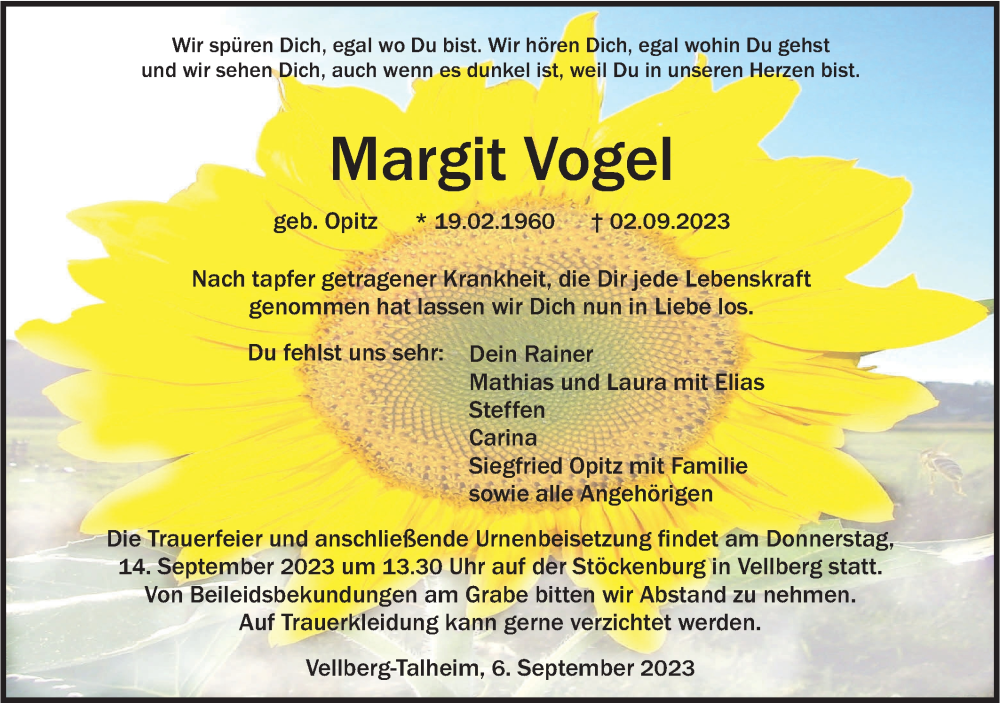  Traueranzeige für Margit Vogel vom 06.09.2023 aus Haller Tagblatt