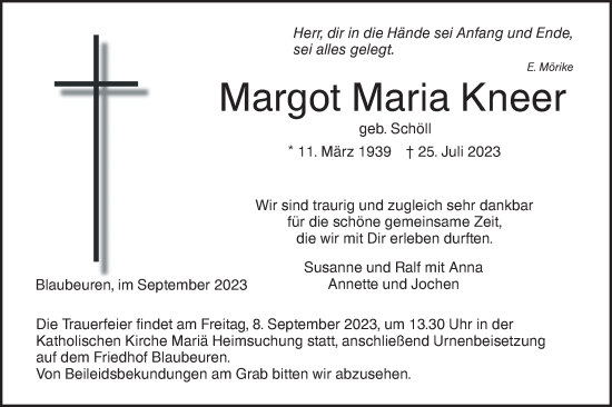 Traueranzeige von Margot Maria Kneer von Das Blaumännle