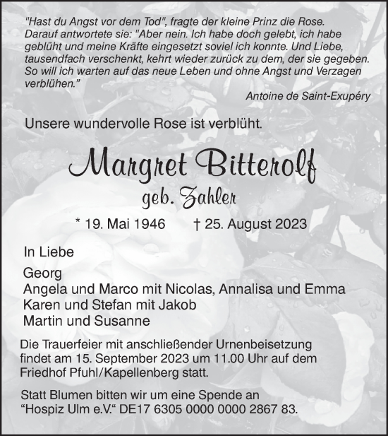 Traueranzeige von Margret Bitterolf von Neu-Ulmer Zeitung