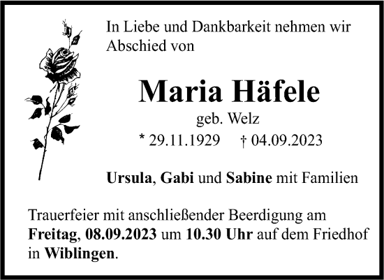 Traueranzeige von Maria Häfele von SÜDWEST PRESSE Ausgabe Ulm/Neu-Ulm