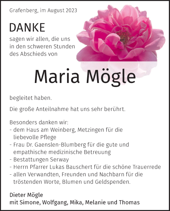 Traueranzeige von Maria Mögle von SÜDWEST PRESSE/SÜDWEST PRESSE