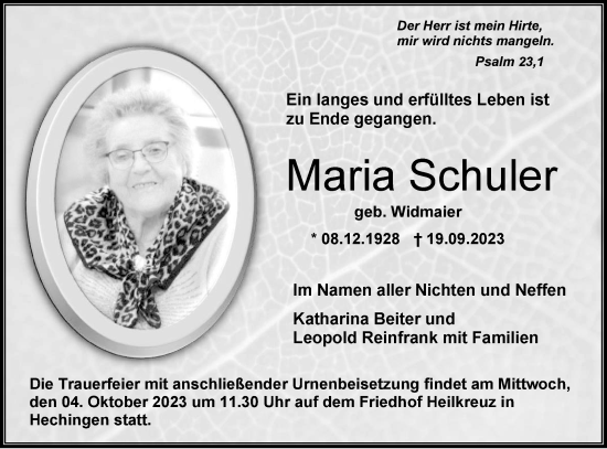 Traueranzeige von Maria Schuler von Hohenzollerische Zeitung