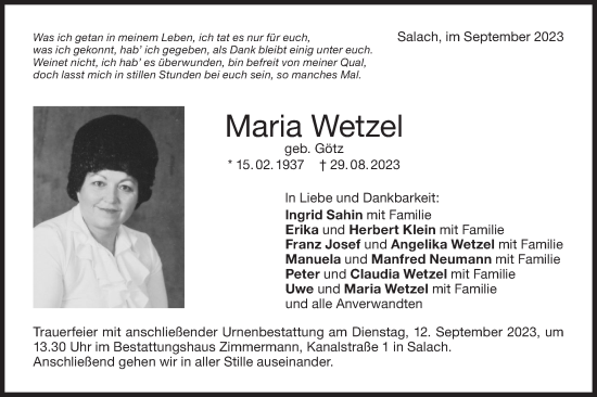 Traueranzeige von Maria Wetzel von NWZ Neue Württembergische Zeitung