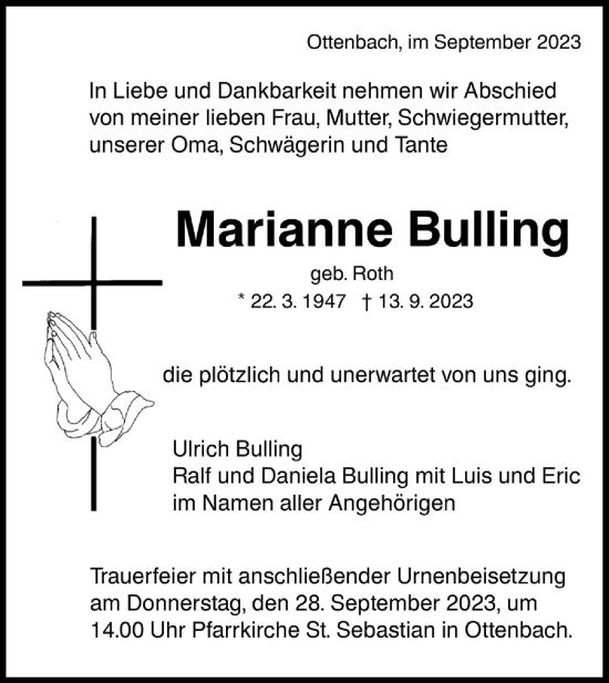 Traueranzeige von Marianne Bulling von NWZ Neue Württembergische Zeitung