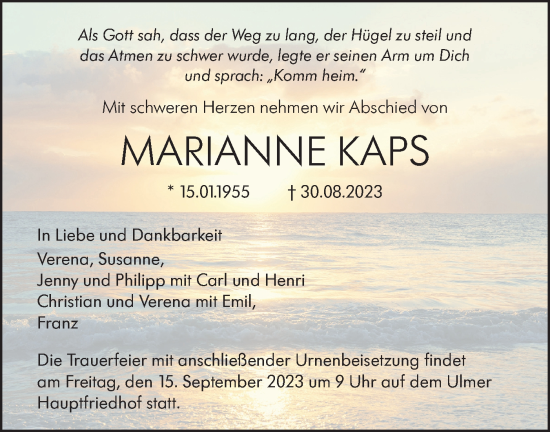 Traueranzeige von Marianne Kaps von SÜDWEST PRESSE Ausgabe Ulm/Neu-Ulm