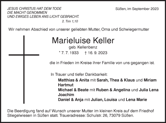 Traueranzeige von Marieluise Keller von NWZ Neue Württembergische Zeitung/Geislinger Zeitung